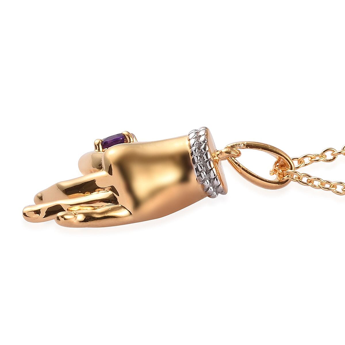 AA Amethyst Mudra Hand Pendant With Chain (Size 20) in Yellow Gold and Platinum Overlay Sterling Silver 0.25 Ct, Silver wt. 8.40 Gms