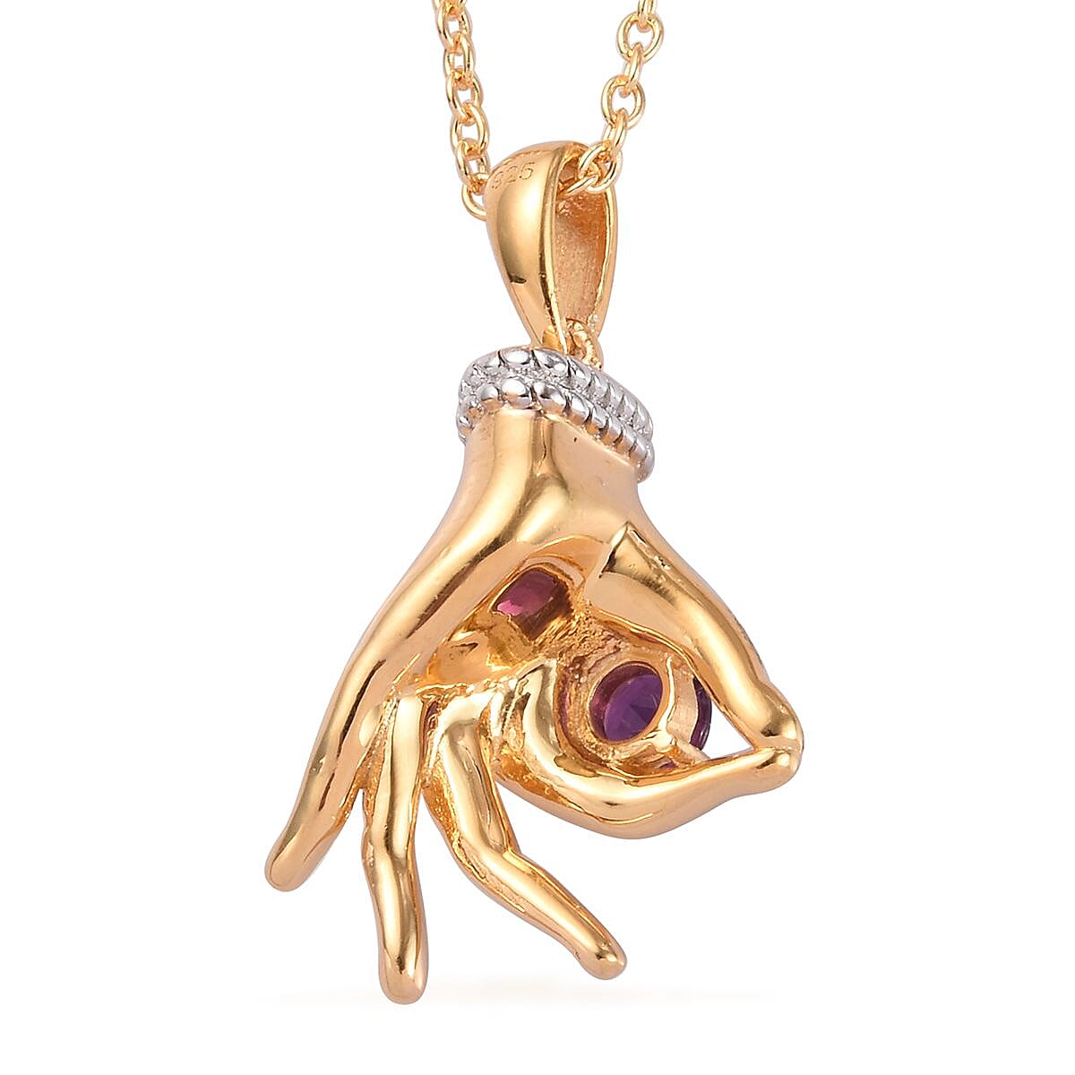 AA Amethyst Mudra Hand Pendant With Chain (Size 20) in Yellow Gold and Platinum Overlay Sterling Silver 0.25 Ct, Silver wt. 8.40 Gms