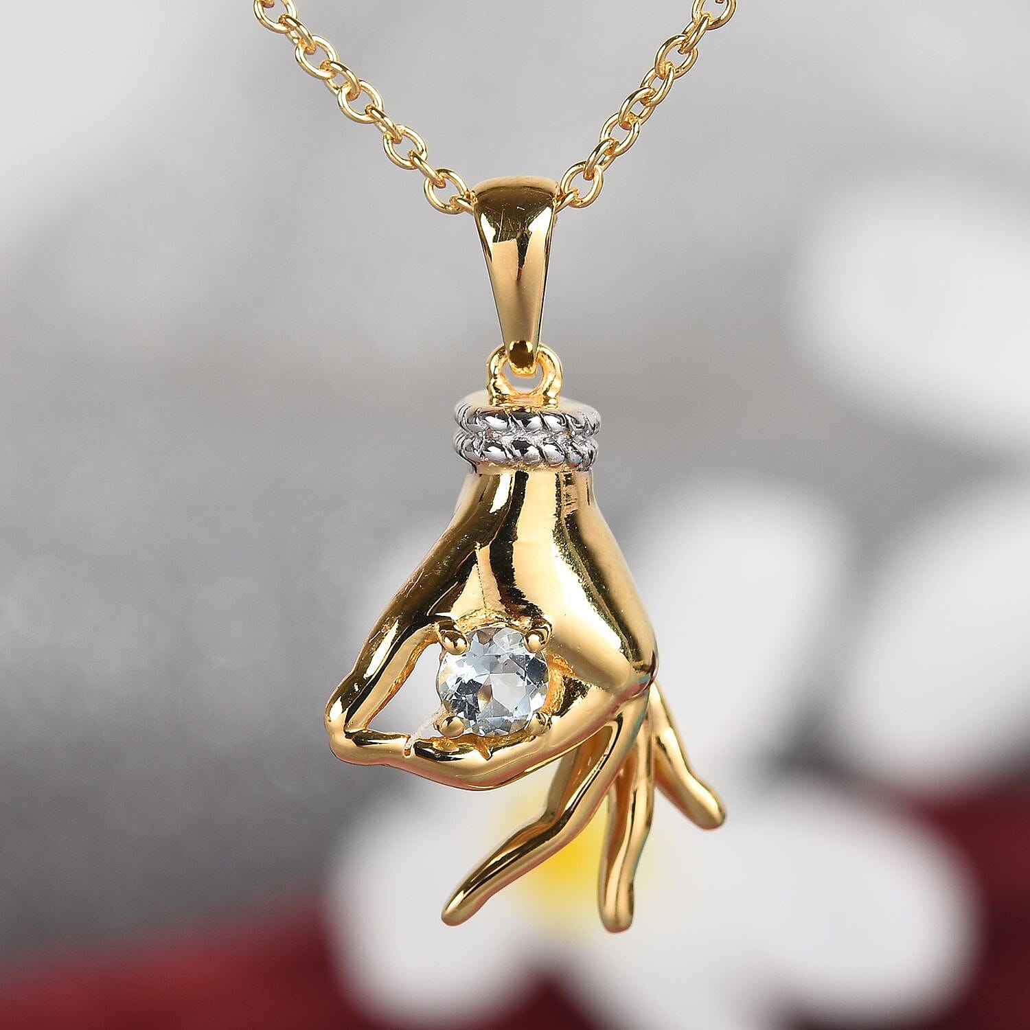 AA Espirito Santo Aquamarine Mudra Hand Pendant With Chain (Size 20) in Yellow Gold and Platinum Overlay Sterling Silver 0.25 Ct, Silver wt. 8.50 Gms