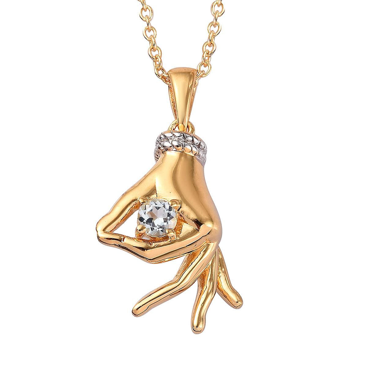 AA Espirito Santo Aquamarine Mudra Hand Pendant With Chain (Size 20) in Yellow Gold and Platinum Overlay Sterling Silver 0.25 Ct, Silver wt. 8.50 Gms