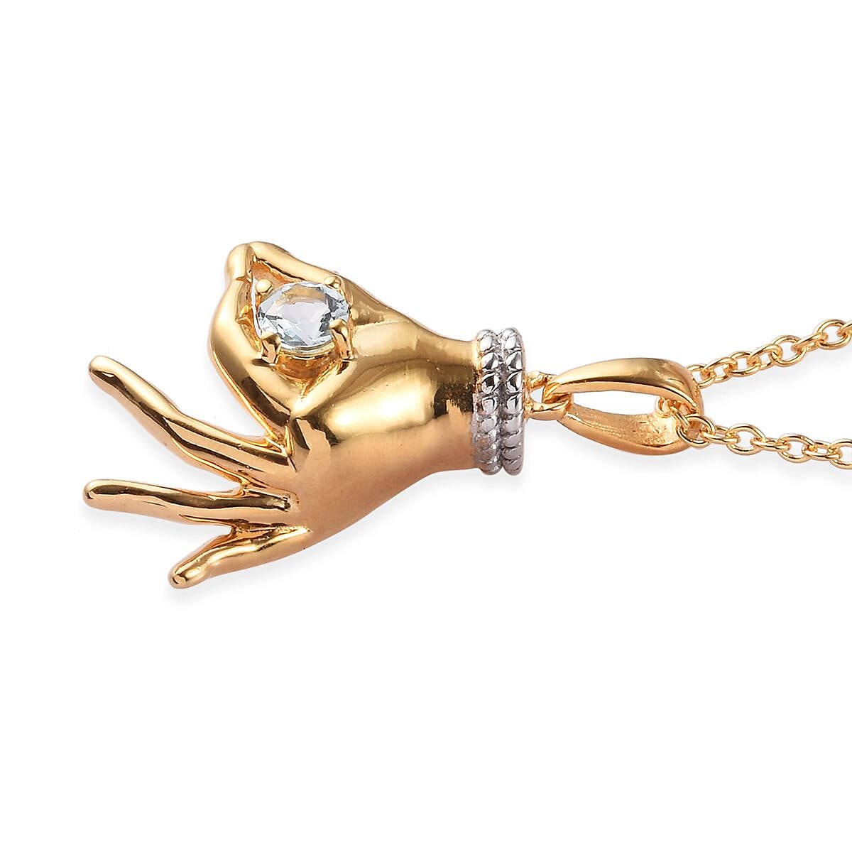 AA Espirito Santo Aquamarine Mudra Hand Pendant With Chain (Size 20) in Yellow Gold and Platinum Overlay Sterling Silver 0.25 Ct, Silver wt. 8.50 Gms