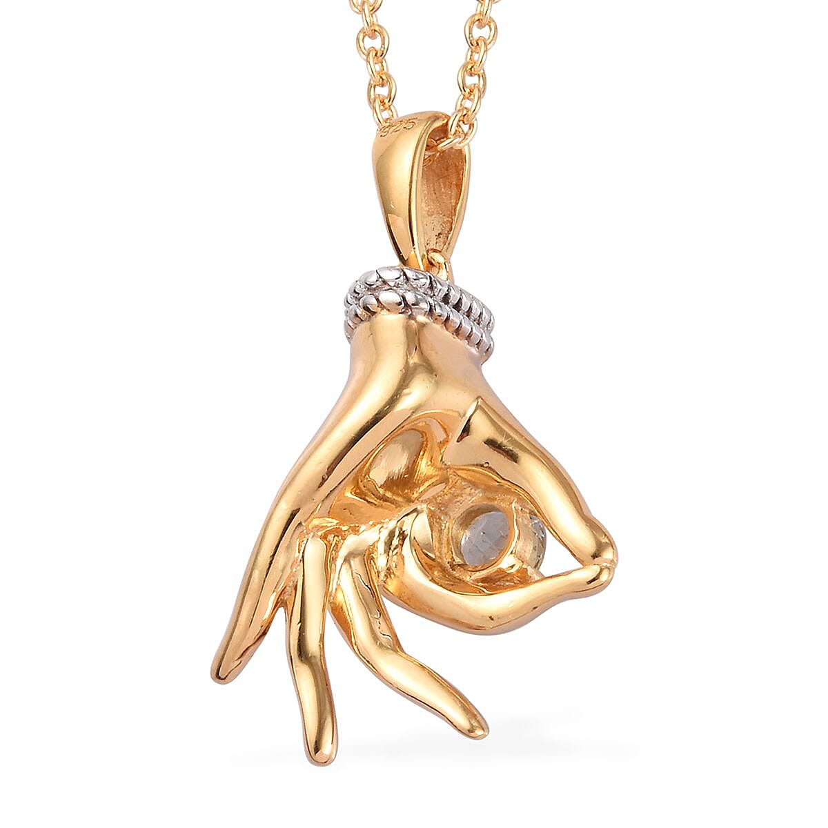 AA Espirito Santo Aquamarine Mudra Hand Pendant With Chain (Size 20) in Yellow Gold and Platinum Overlay Sterling Silver 0.25 Ct, Silver wt. 8.50 Gms