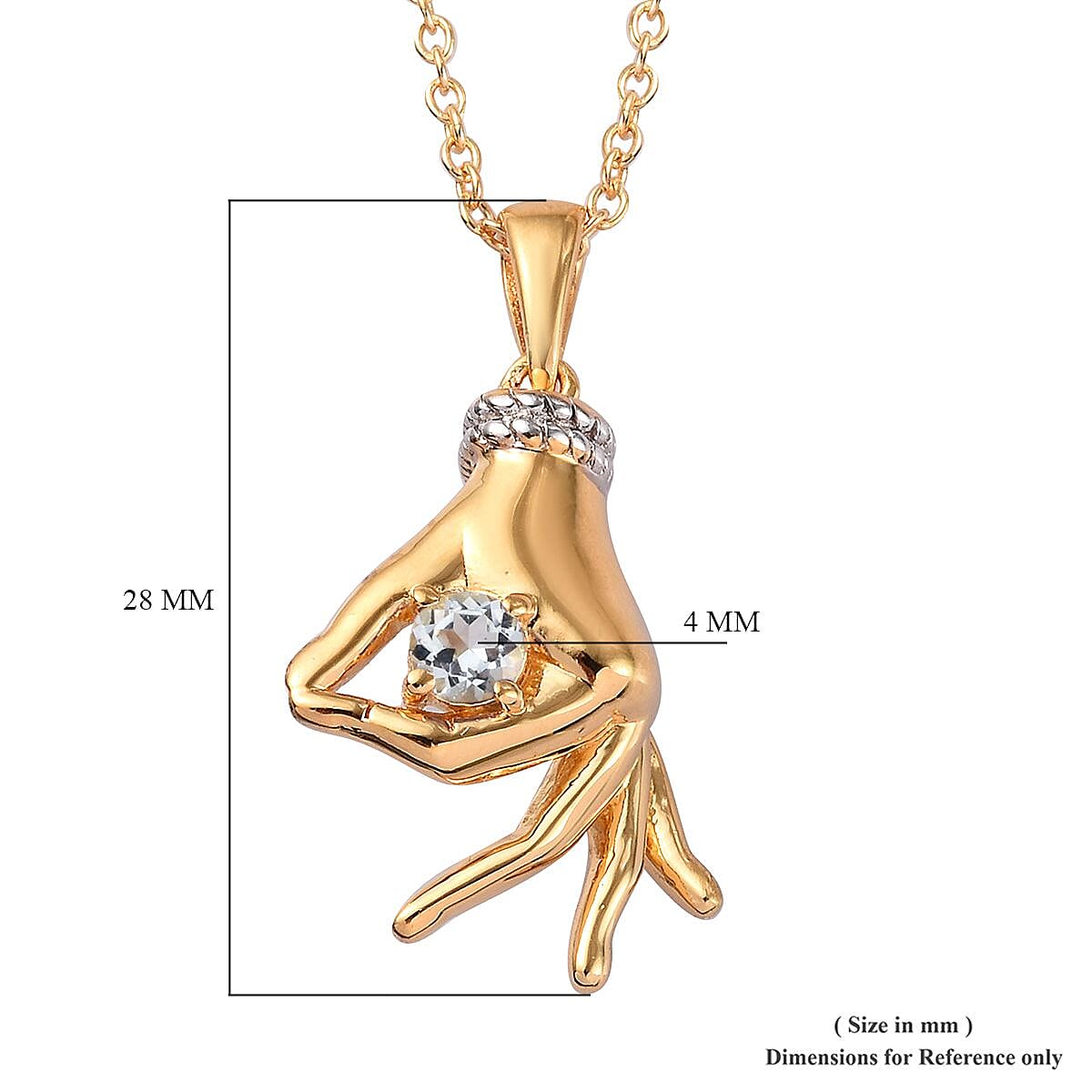 AA Espirito Santo Aquamarine Mudra Hand Pendant With Chain (Size 20) in Yellow Gold and Platinum Overlay Sterling Silver 0.25 Ct, Silver wt. 8.50 Gms