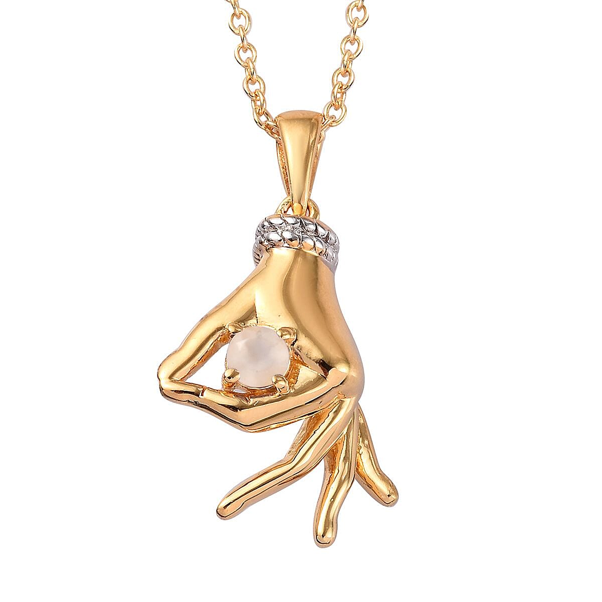 AA Sri Lankan Silver Moonstone Mudra Hand Pendant With Chain (Size 20) in Yellow Gold and Platinum Overlay Sterling Silver 0.25 Ct, Silver wt. 8.40 Gms