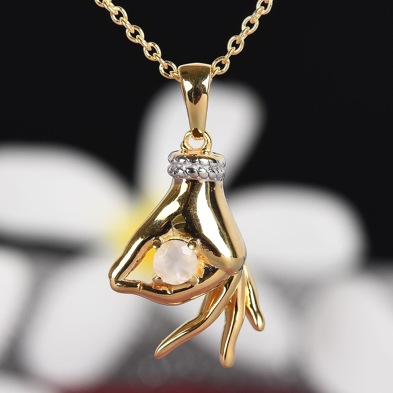 AA Sri Lankan Silver Moonstone Mudra Hand Pendant With Chain (Size 20) in Yellow Gold and Platinum Overlay Sterling Silver 0.25 Ct, Silver wt. 8.40 Gms