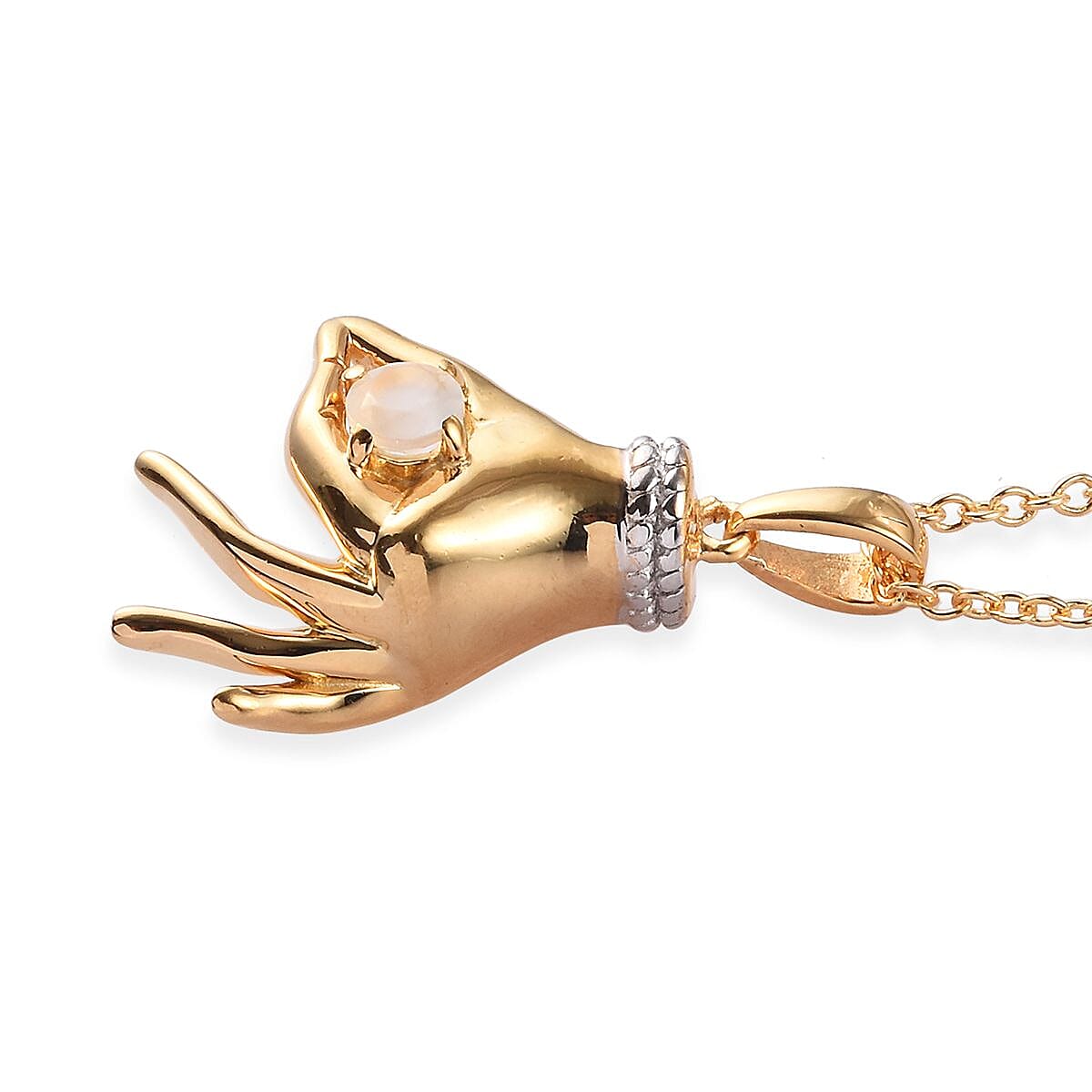 AA Sri Lankan Silver Moonstone Mudra Hand Pendant With Chain (Size 20) in Yellow Gold and Platinum Overlay Sterling Silver 0.25 Ct, Silver wt. 8.40 Gms