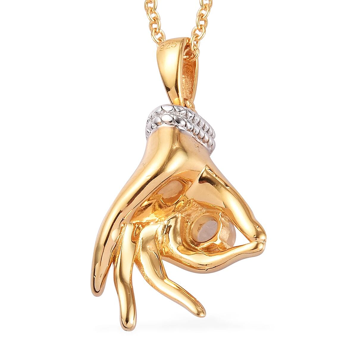 AA Sri Lankan Silver Moonstone Mudra Hand Pendant With Chain (Size 20) in Yellow Gold and Platinum Overlay Sterling Silver 0.25 Ct, Silver wt. 8.40 Gms