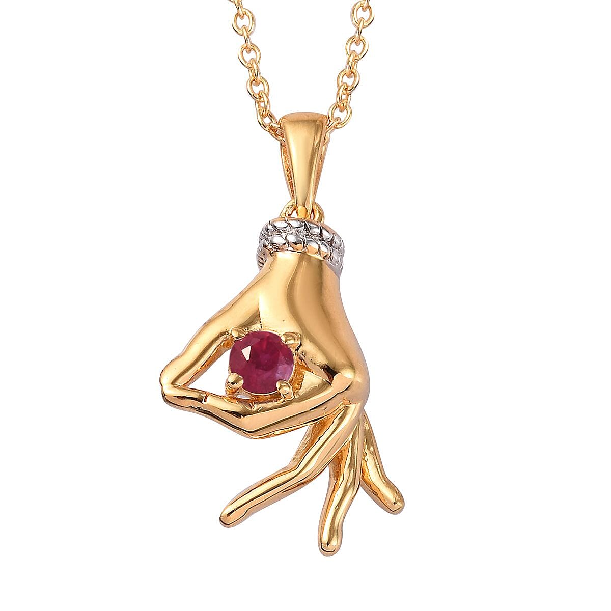 AA African Ruby Mudra Hand Pendant With Chain (Size 20) in Yellow Gold and Platinum Overlay Sterling Silver 0.35 Ct, Silver wt. 8.30 Gms