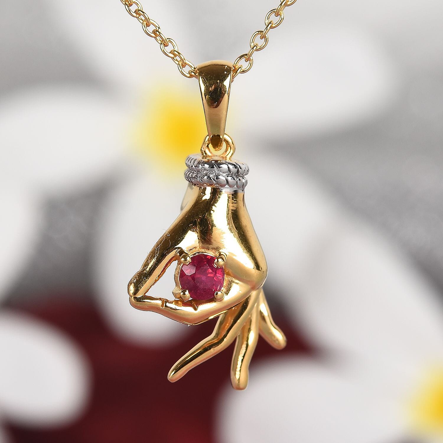 AA African Ruby Mudra Hand Pendant With Chain (Size 20) in Yellow Gold and Platinum Overlay Sterling Silver 0.35 Ct, Silver wt. 8.30 Gms