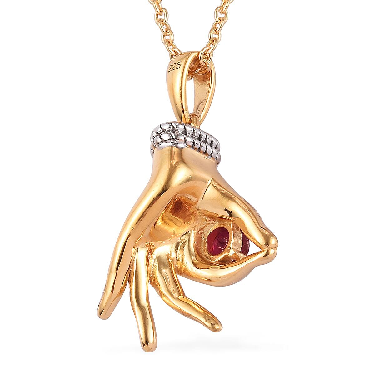 AA African Ruby Mudra Hand Pendant With Chain (Size 20) in Yellow Gold and Platinum Overlay Sterling Silver 0.35 Ct, Silver wt. 8.30 Gms