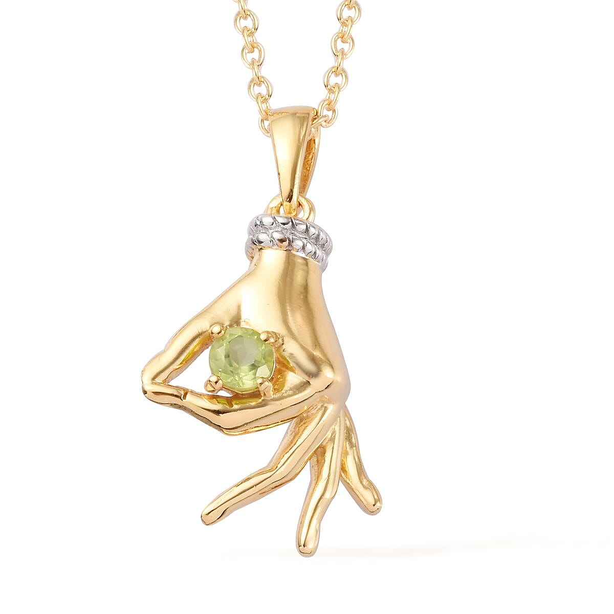 AA Hebei Peridot Mudra Hand Pendant With Chain (Size 20) in Yellow Gold and Platinum Overlay Sterling Silver 0.35 Ct, Silver wt. 8.50 Gms