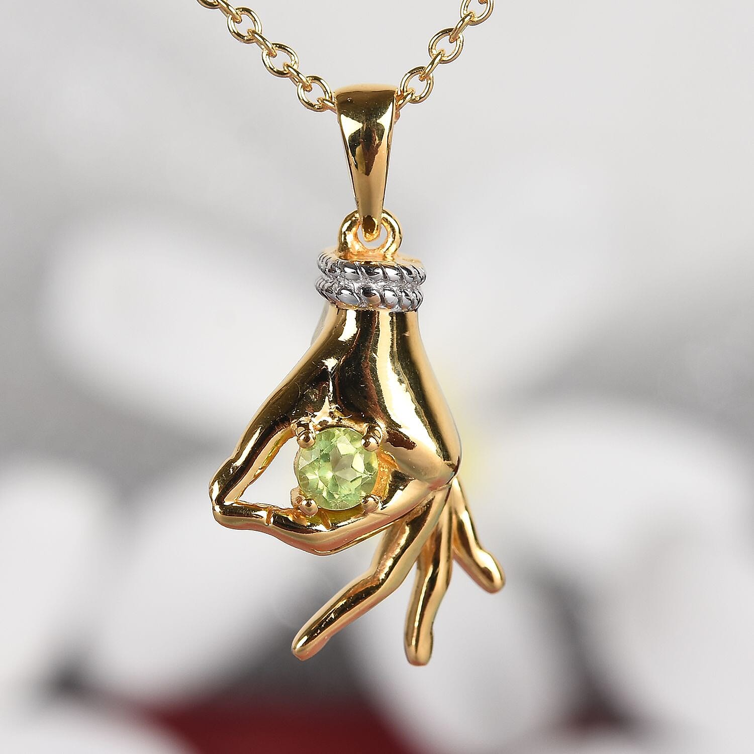 AA Hebei Peridot Mudra Hand Pendant With Chain (Size 20) in Yellow Gold and Platinum Overlay Sterling Silver 0.35 Ct, Silver wt. 8.50 Gms