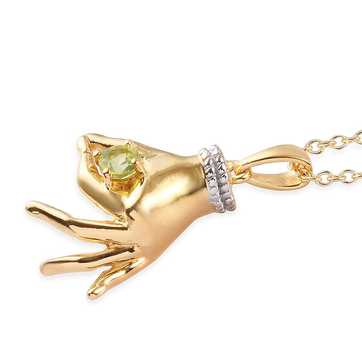 AA Hebei Peridot Mudra Hand Pendant With Chain (Size 20) in Yellow Gold and Platinum Overlay Sterling Silver 0.35 Ct, Silver wt. 8.50 Gms