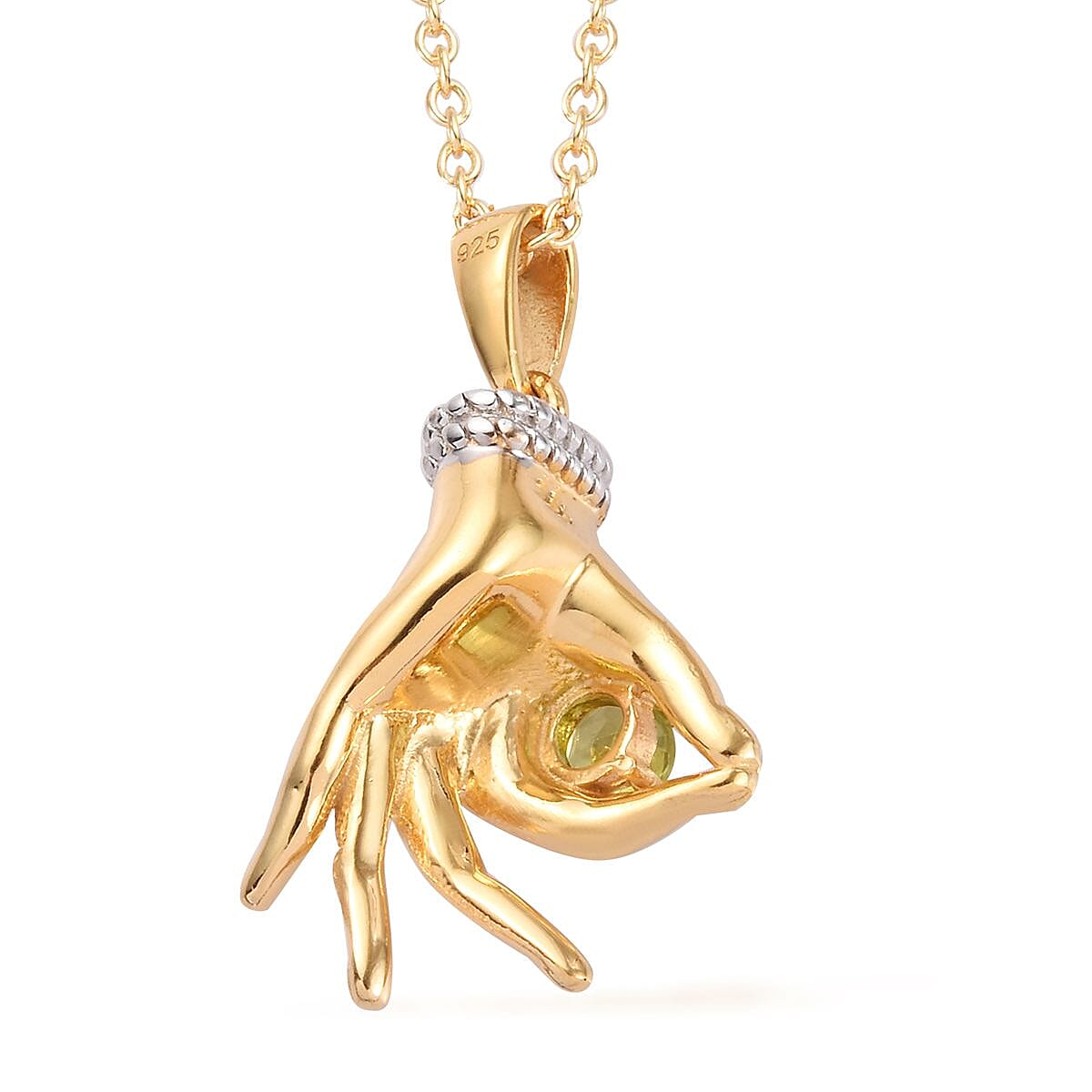 AA Hebei Peridot Mudra Hand Pendant With Chain (Size 20) in Yellow Gold and Platinum Overlay Sterling Silver 0.35 Ct, Silver wt. 8.50 Gms