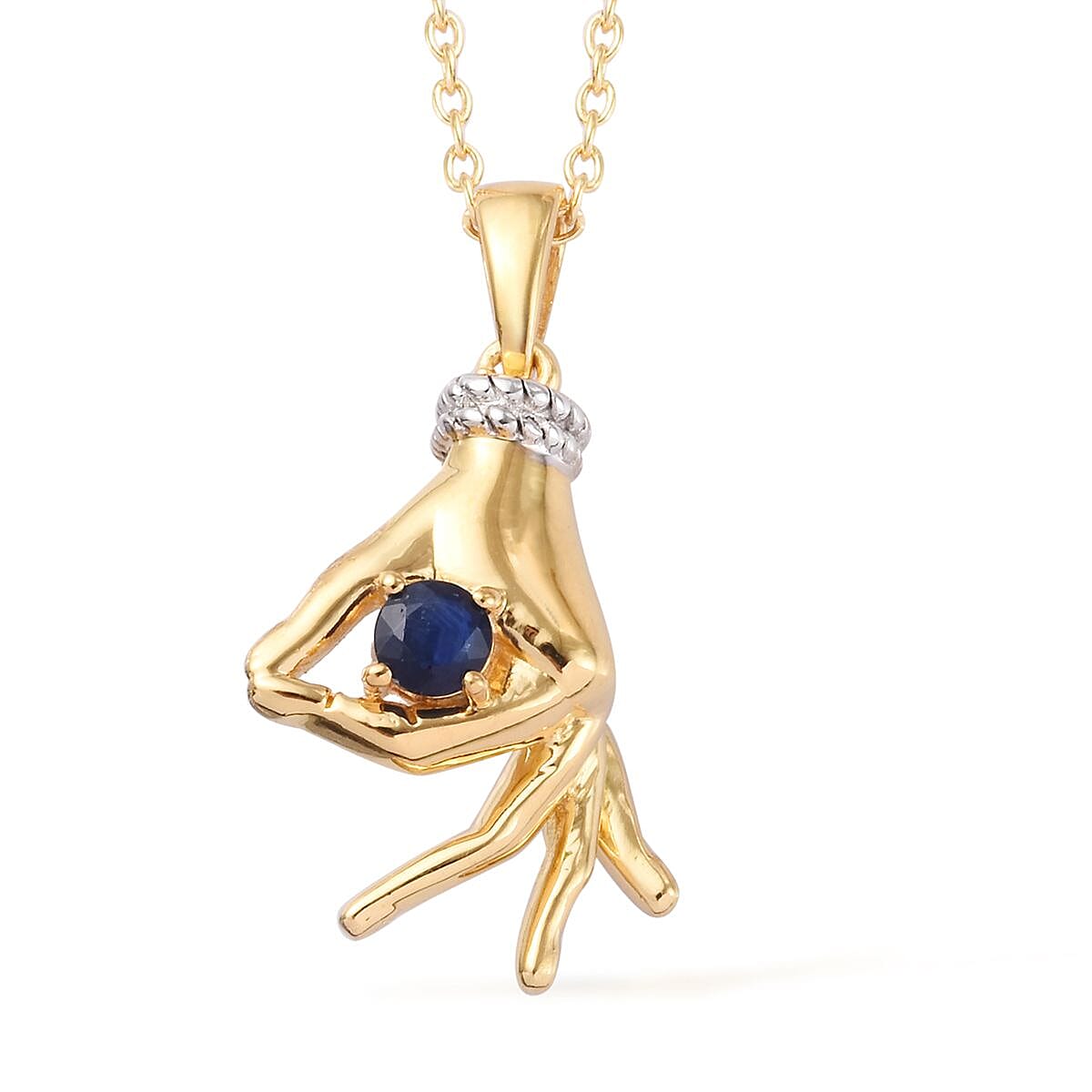 Madagascar Blue Sapphire Mudra Hand Pendant With Chain (Size 20) in Yellow Gold and Platinum Overlay Sterling Silver 0.35 Ct, Silver wt. 8.50 Gms
