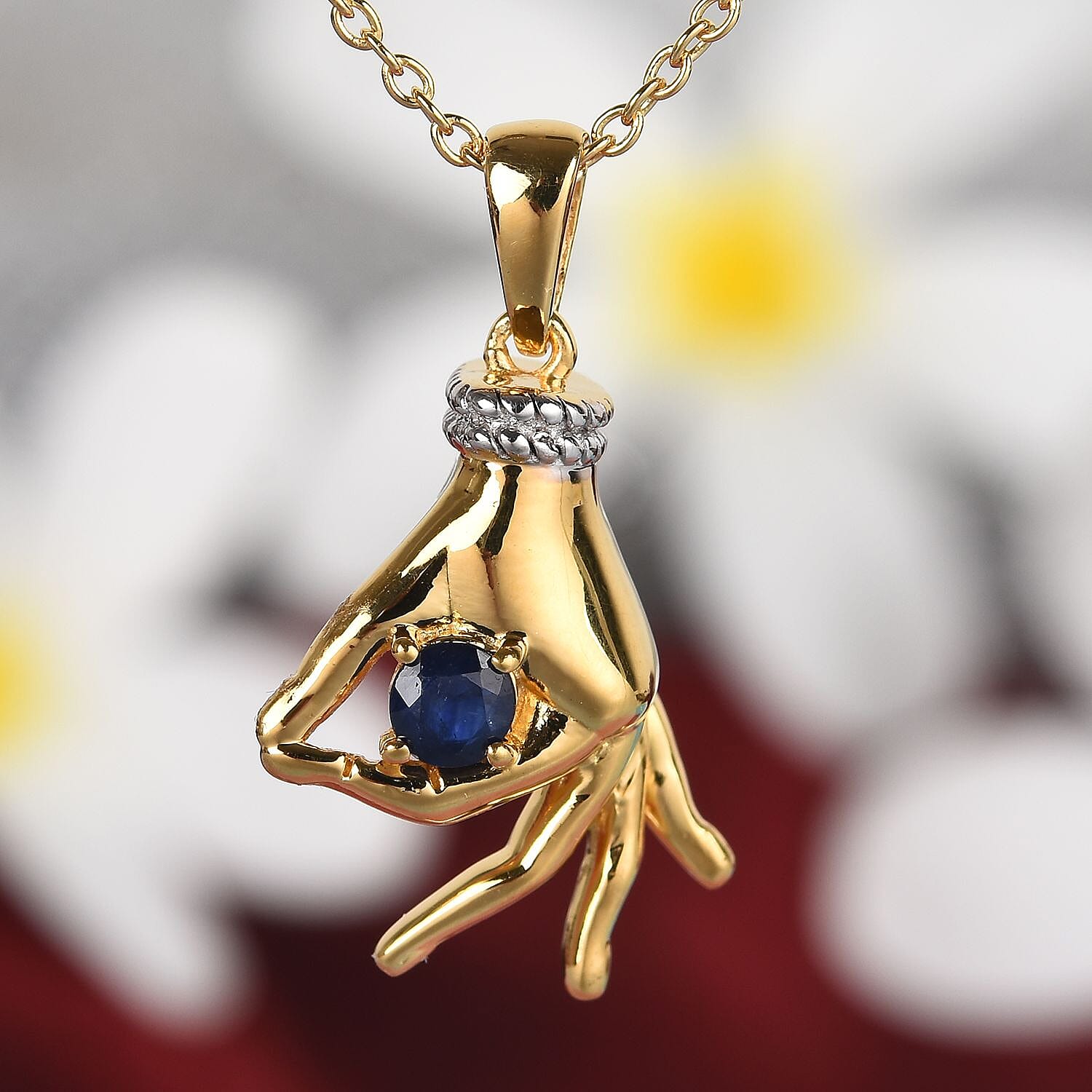 Madagascar Blue Sapphire Mudra Hand Pendant With Chain (Size 20) in Yellow Gold and Platinum Overlay Sterling Silver 0.35 Ct, Silver wt. 8.50 Gms