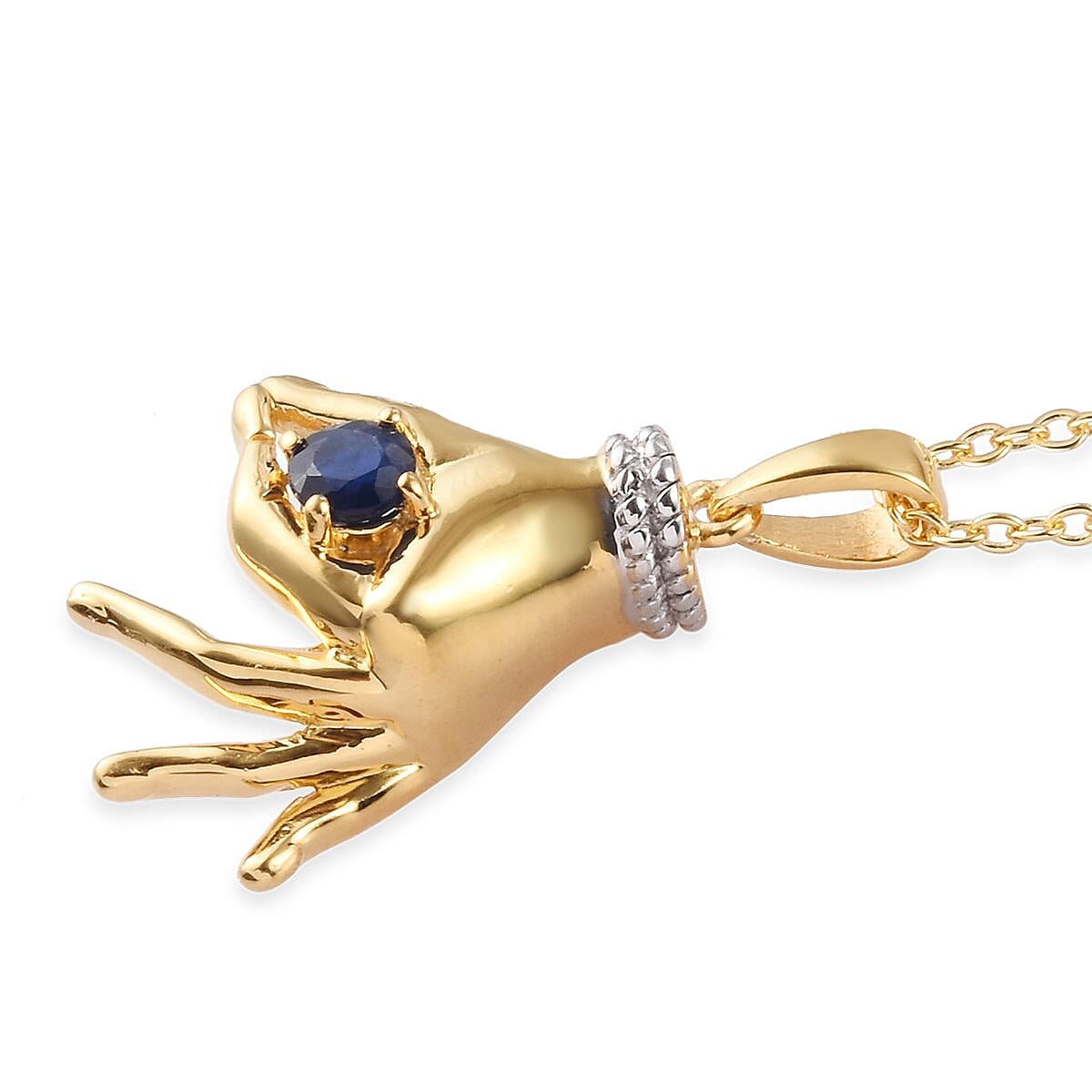Madagascar Blue Sapphire Mudra Hand Pendant With Chain (Size 20) in Yellow Gold and Platinum Overlay Sterling Silver 0.35 Ct, Silver wt. 8.50 Gms