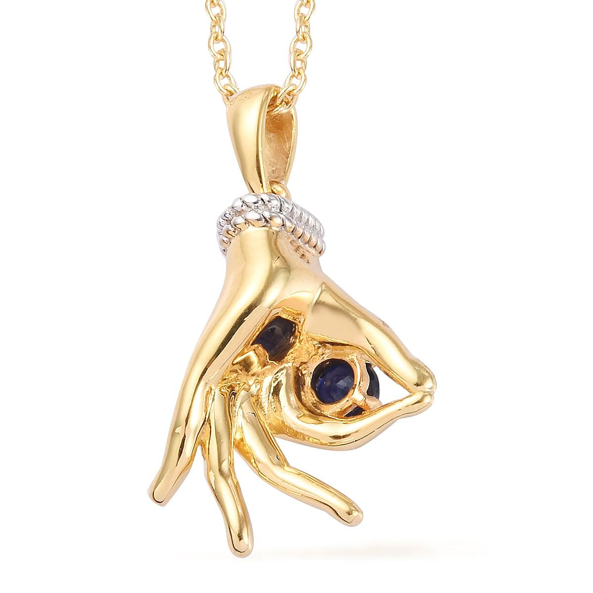 Madagascar Blue Sapphire Mudra Hand Pendant With Chain (Size 20) in Yellow Gold and Platinum Overlay Sterling Silver 0.35 Ct, Silver wt. 8.50 Gms