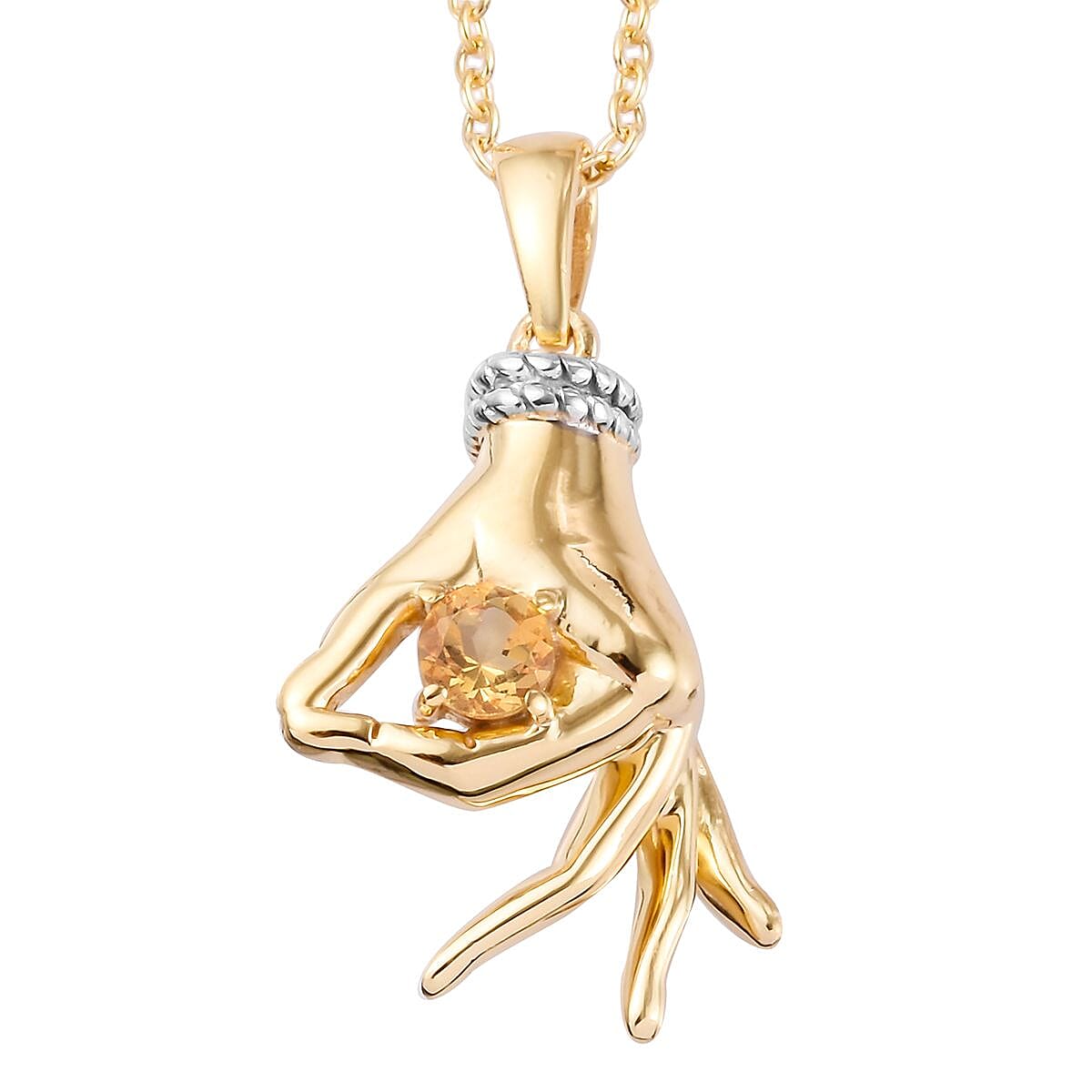 AA Citrine Mudra Hand Pendant With Chain (Size 20) in Yellow Gold and Platinum Overlay Sterling Silver 0.25 Ct, Silver wt. 8.00 Gms