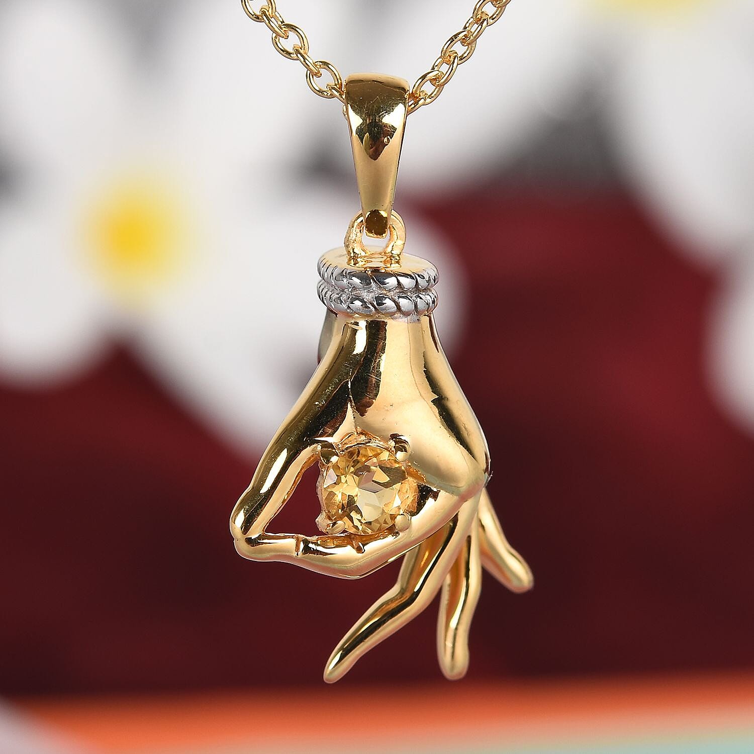 AA Citrine Mudra Hand Pendant With Chain (Size 20) in Yellow Gold and Platinum Overlay Sterling Silver 0.25 Ct, Silver wt. 8.00 Gms