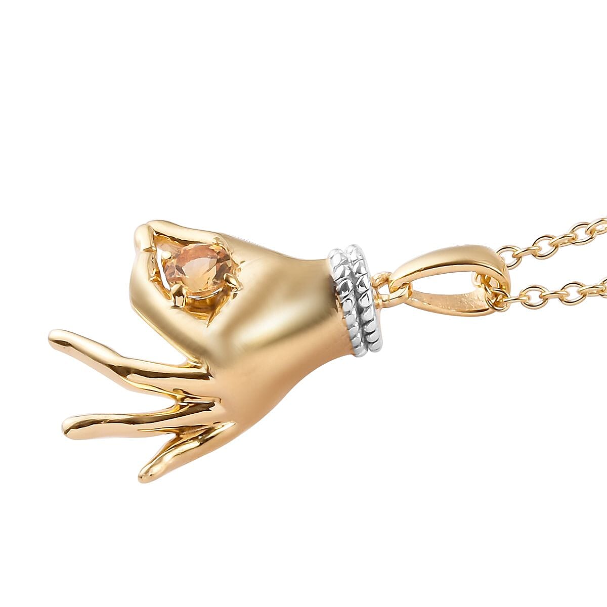 AA Citrine Mudra Hand Pendant With Chain (Size 20) in Yellow Gold and Platinum Overlay Sterling Silver 0.25 Ct, Silver wt. 8.00 Gms