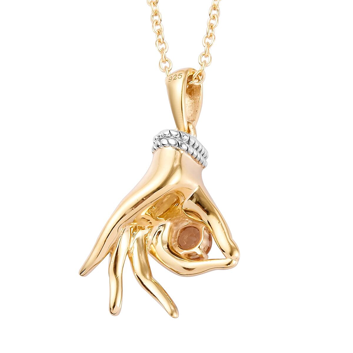 AA Citrine Mudra Hand Pendant With Chain (Size 20) in Yellow Gold and Platinum Overlay Sterling Silver 0.25 Ct, Silver wt. 8.00 Gms