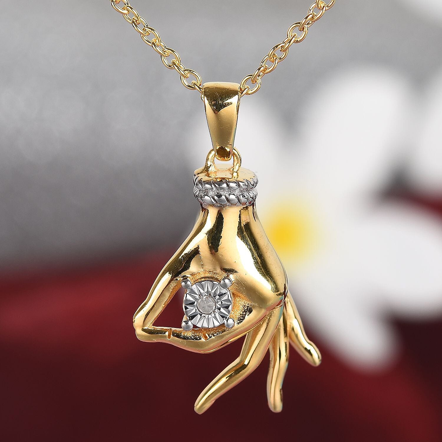Diamond Mudra Hand Pendant With Chain (Size 20) in Yellow Gold and Platinum Overlay Sterling Silver 0.02 Ct, Silver wt. 8.00 Gms