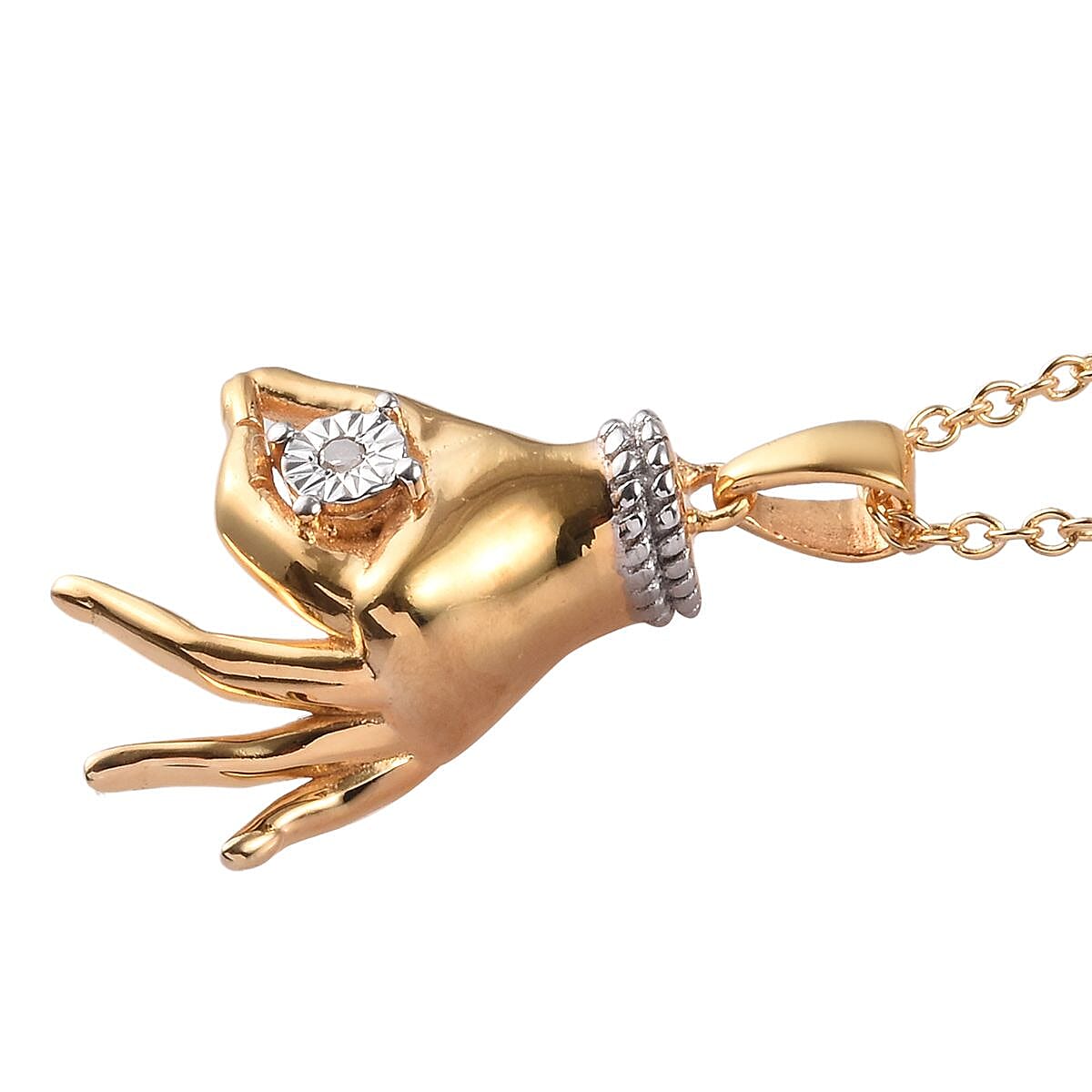 Diamond Mudra Hand Pendant With Chain (Size 20) in Yellow Gold and Platinum Overlay Sterling Silver 0.02 Ct, Silver wt. 8.00 Gms