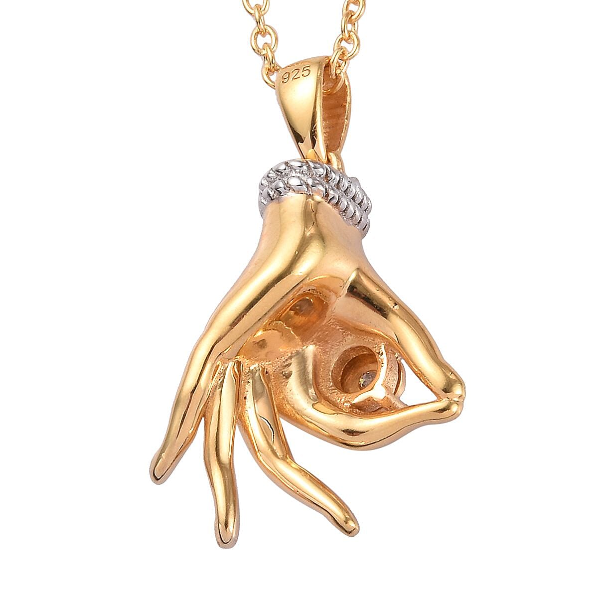 Diamond Mudra Hand Pendant With Chain (Size 20) in Yellow Gold and Platinum Overlay Sterling Silver 0.02 Ct, Silver wt. 8.00 Gms
