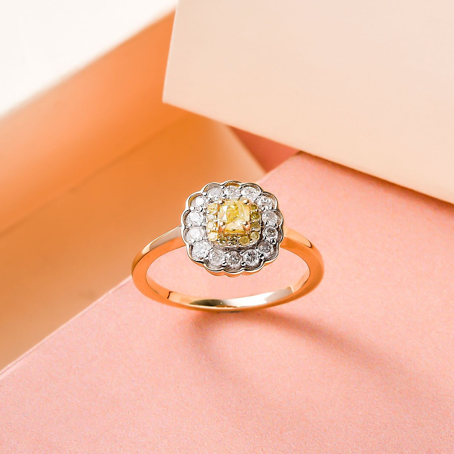 9K Yellow Gold SGL Certified Natural Yellow Diamond (I3- I2) and White Diamond (I3-G-H) Ring 0.50 Ct.