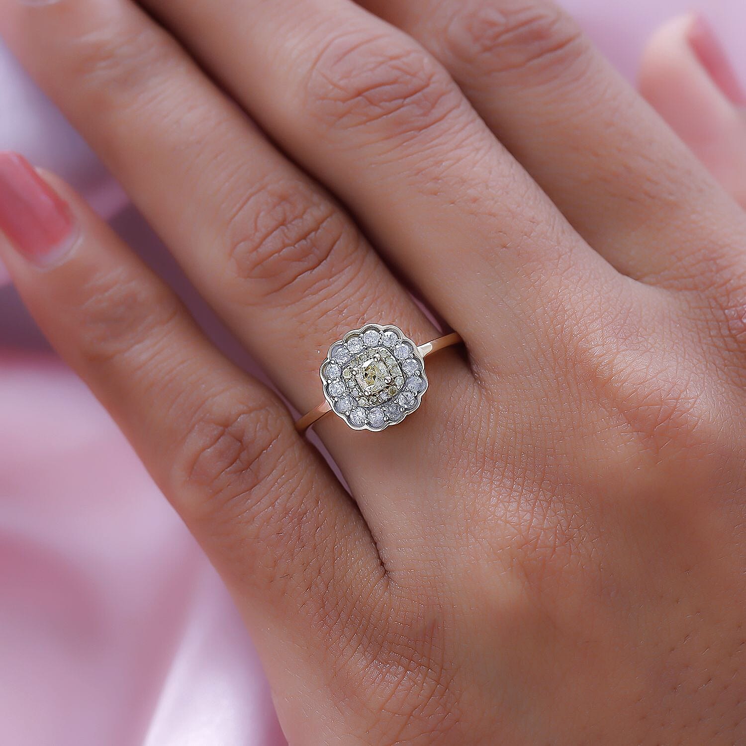 9K Yellow Gold SGL Certified Natural Yellow Diamond (I3- I2) and White Diamond (I3-G-H) Ring 0.50 Ct.