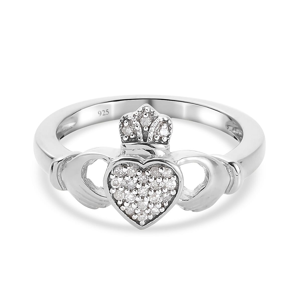 Diamond Claddagh Ring in Platinum Overlay Sterling Silver
