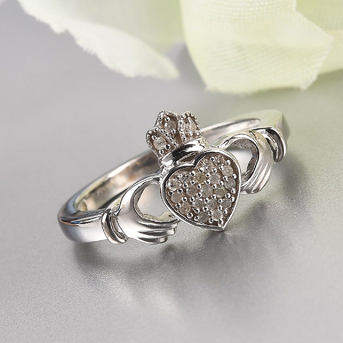 Diamond Claddagh Ring in Platinum Overlay Sterling Silver