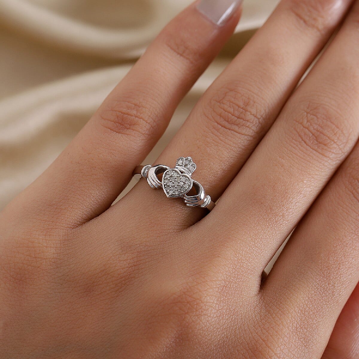 Diamond Claddagh Ring in Platinum Overlay Sterling Silver