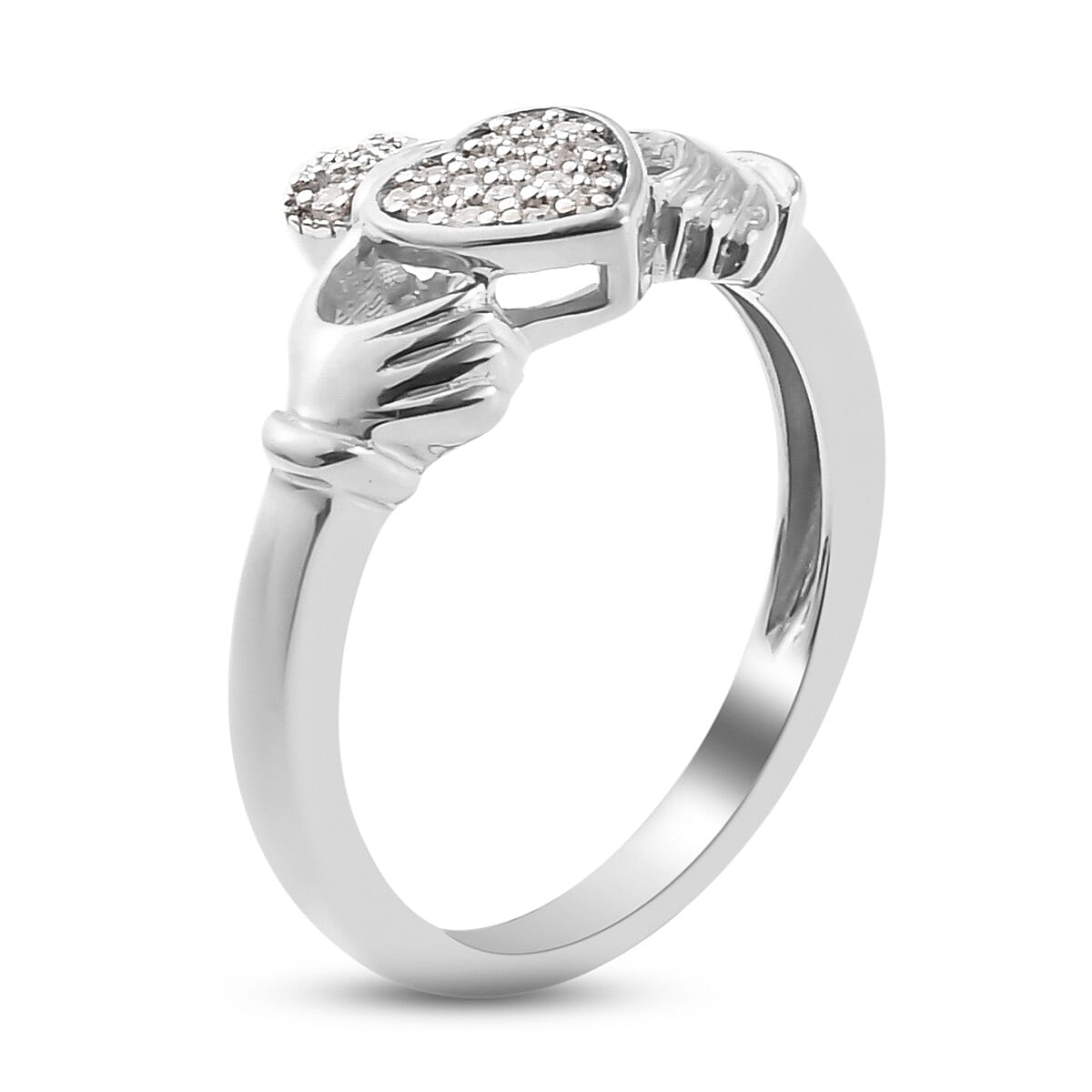 Diamond Claddagh Ring in Platinum Overlay Sterling Silver