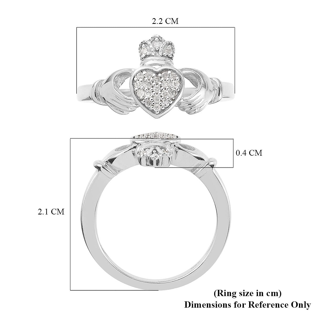 Diamond Claddagh Ring in Platinum Overlay Sterling Silver