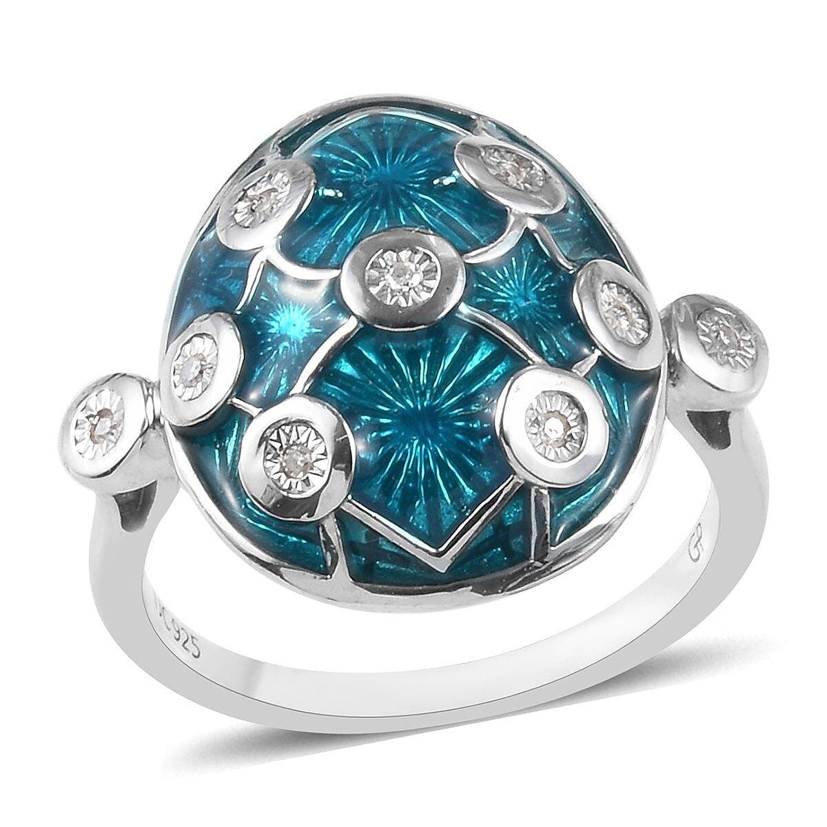 GP Diamond (Rnd), Blue Sapphire Enamelled Ring in Platinum Overlay Sterling Silver
