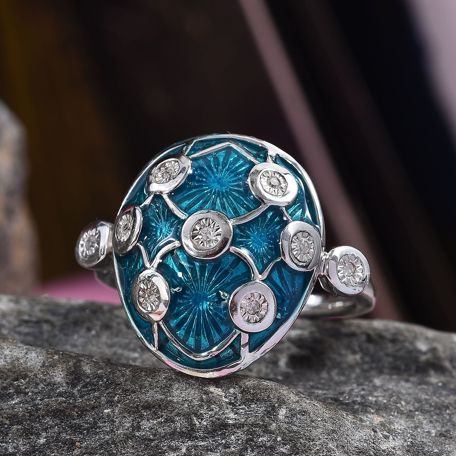 GP Diamond (Rnd), Blue Sapphire Enamelled Ring in Platinum Overlay Sterling Silver