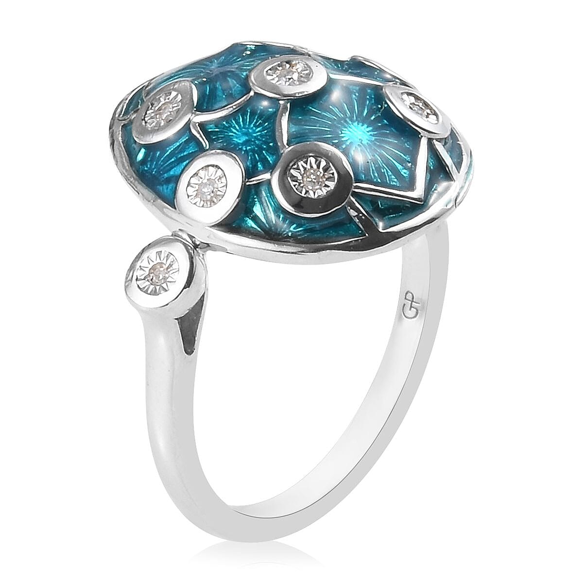 GP Diamond (Rnd), Blue Sapphire Enamelled Ring in Platinum Overlay Sterling Silver