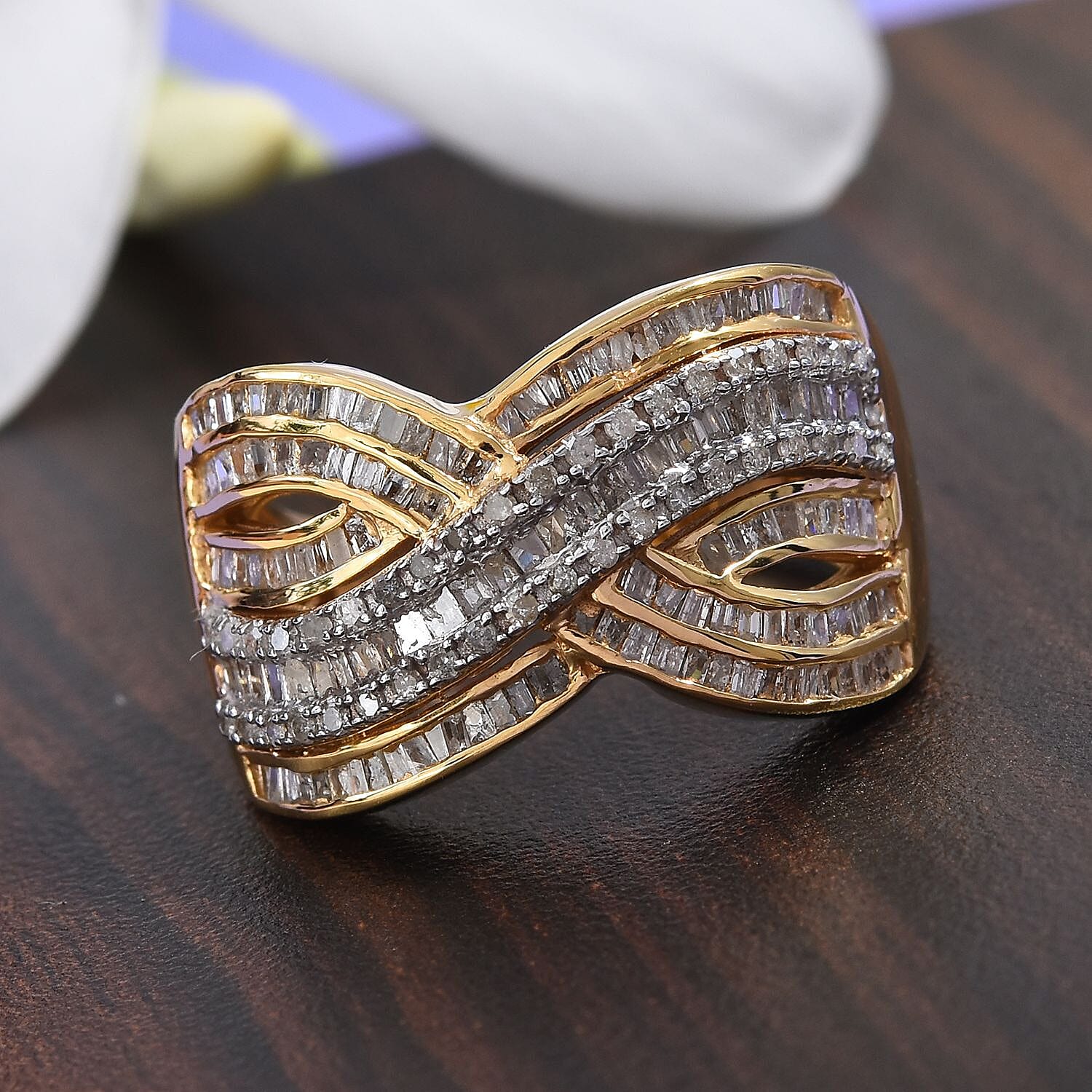 Diamond (Rnd and Bgt) Crossover Ring in 14K Gold Overlay Sterling Silver 1.00 Ct, Silver wt 5.60 Gms