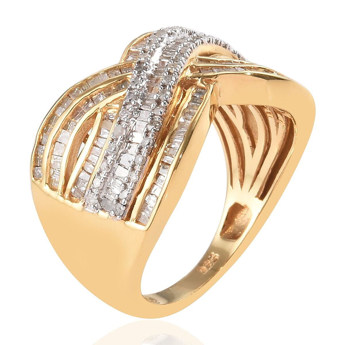 Diamond (Rnd and Bgt) Crossover Ring in 14K Gold Overlay Sterling Silver 1.00 Ct, Silver wt 5.60 Gms