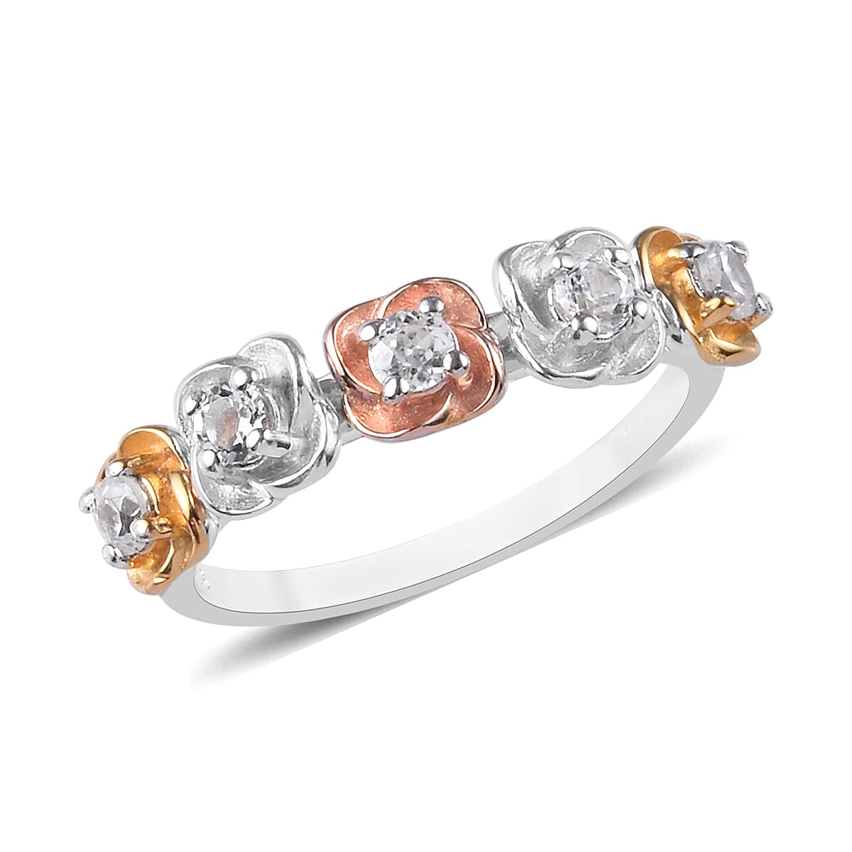 Natural Cambodian Zircon Floral Ring in Platinum, Yellow and Rose Gold Overlay Sterling Silver 0.50 Ct.
