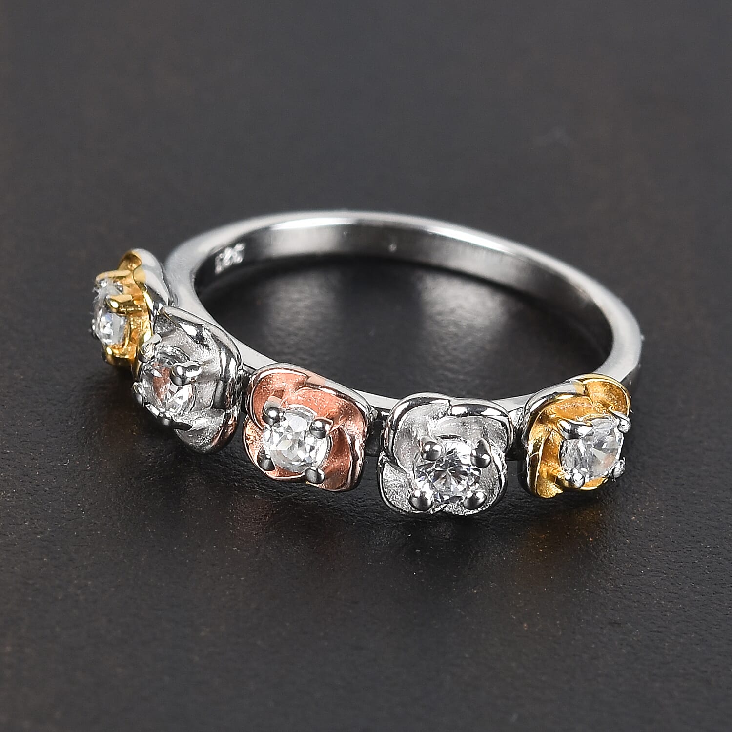 Natural Cambodian Zircon Floral Ring in Platinum, Yellow and Rose Gold Overlay Sterling Silver 0.50 Ct.