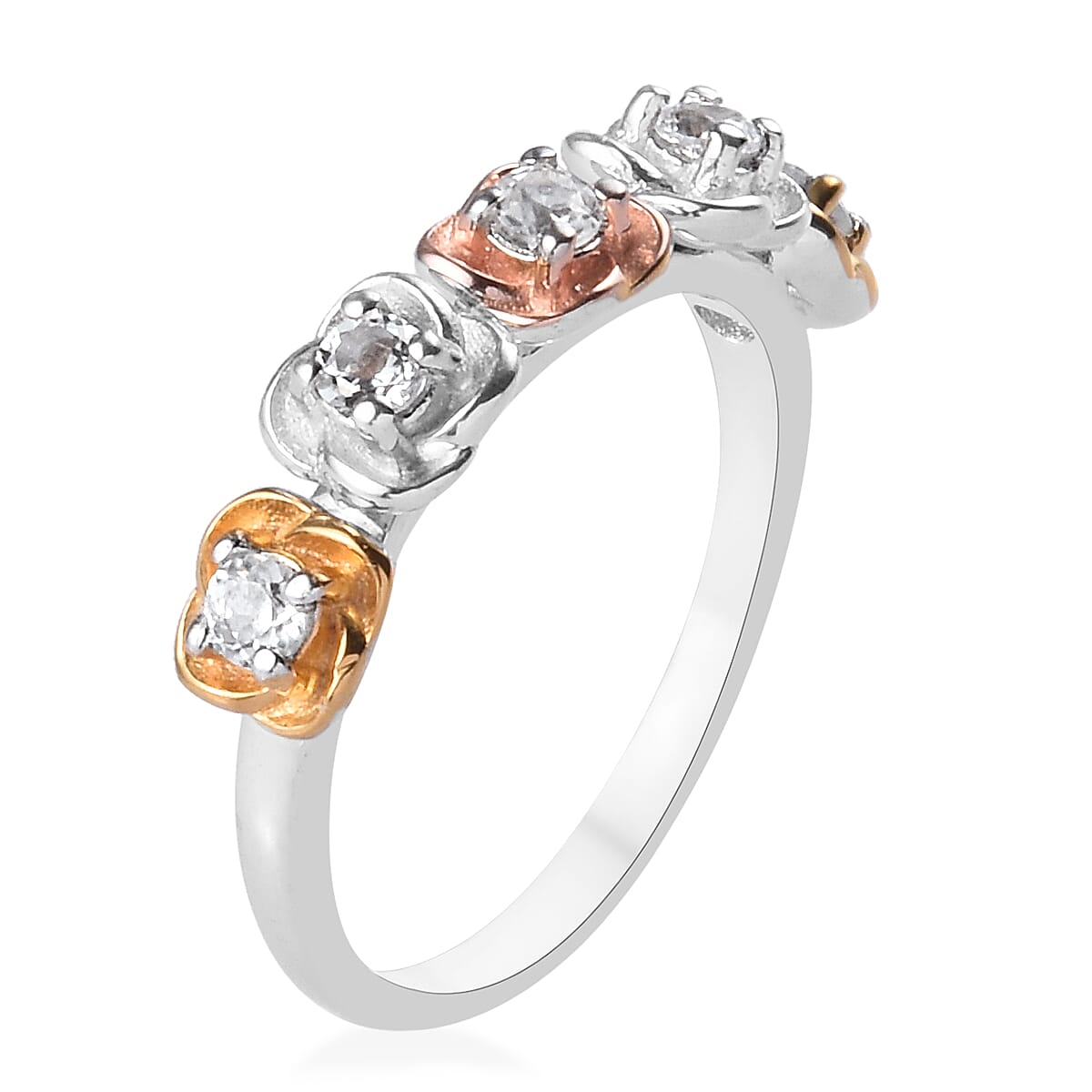 Natural Cambodian Zircon Floral Ring in Platinum, Yellow and Rose Gold Overlay Sterling Silver 0.50 Ct.