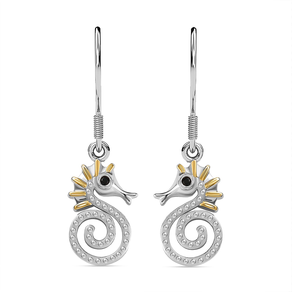 Boi Ploi Black Spinel Seahorse Earrings in Platinum Overlay & Vermeil Yellow Gold Plated Sterling Silver