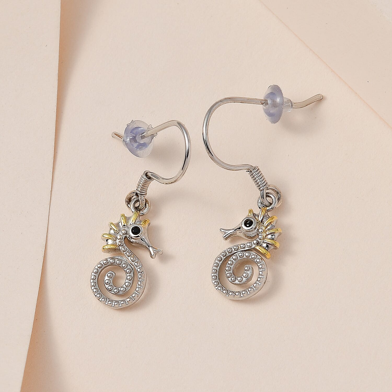 Boi Ploi Black Spinel Seahorse Earrings in Platinum Overlay & Vermeil Yellow Gold Plated Sterling Silver