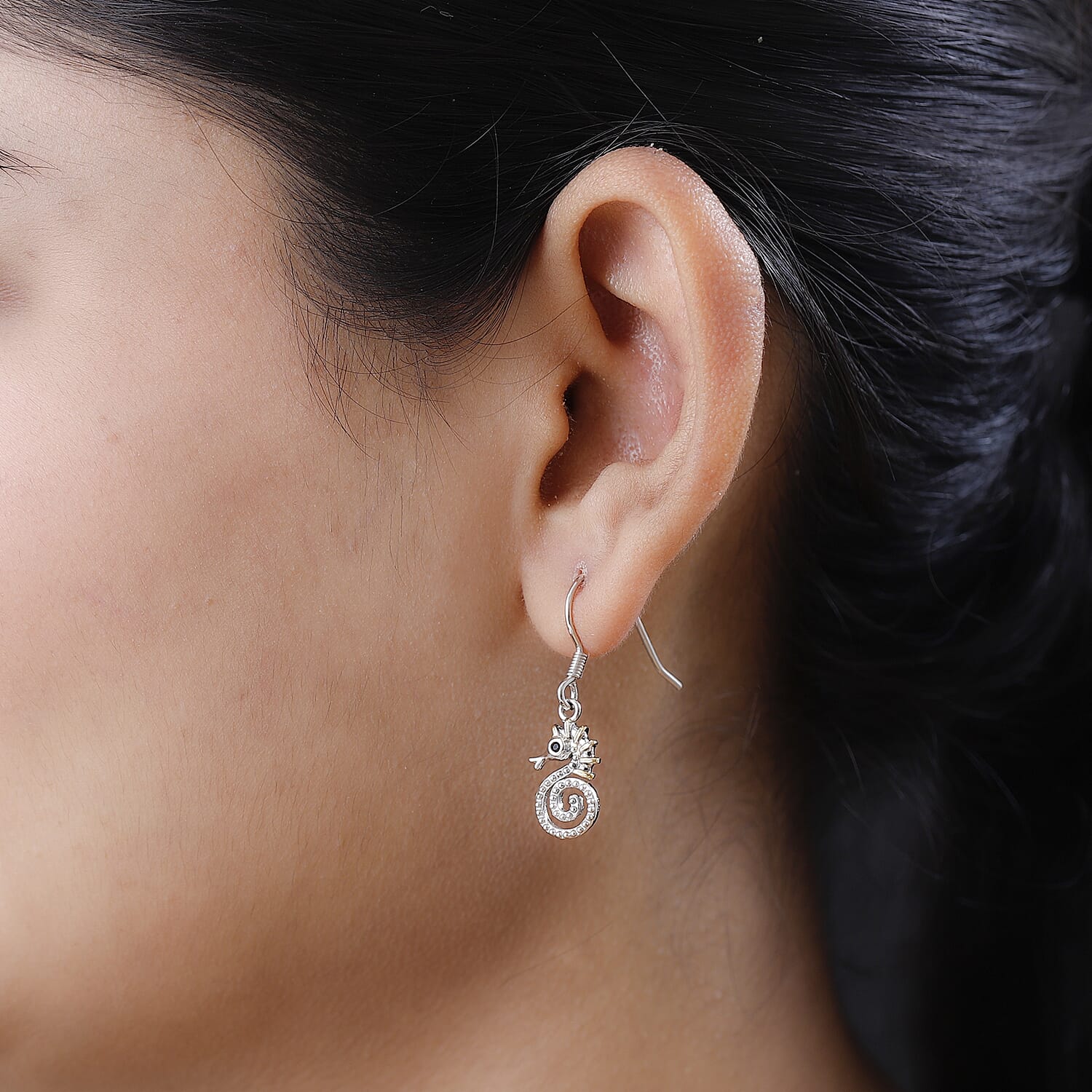 Boi Ploi Black Spinel Seahorse Earrings in Platinum Overlay & Vermeil Yellow Gold Plated Sterling Silver