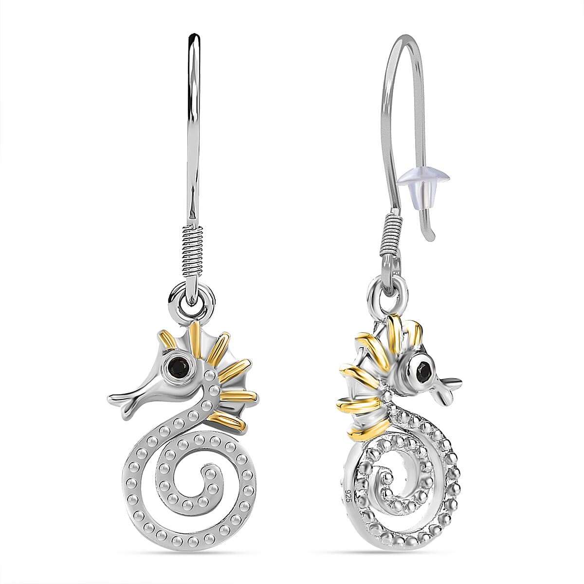 Boi Ploi Black Spinel Seahorse Earrings in Platinum Overlay & Vermeil Yellow Gold Plated Sterling Silver