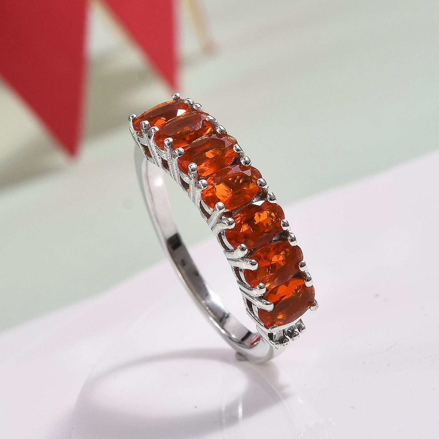 Jalisco Fire Opal and Diamond Half Eternity Ring in Platinum Overlay Sterling Silver
