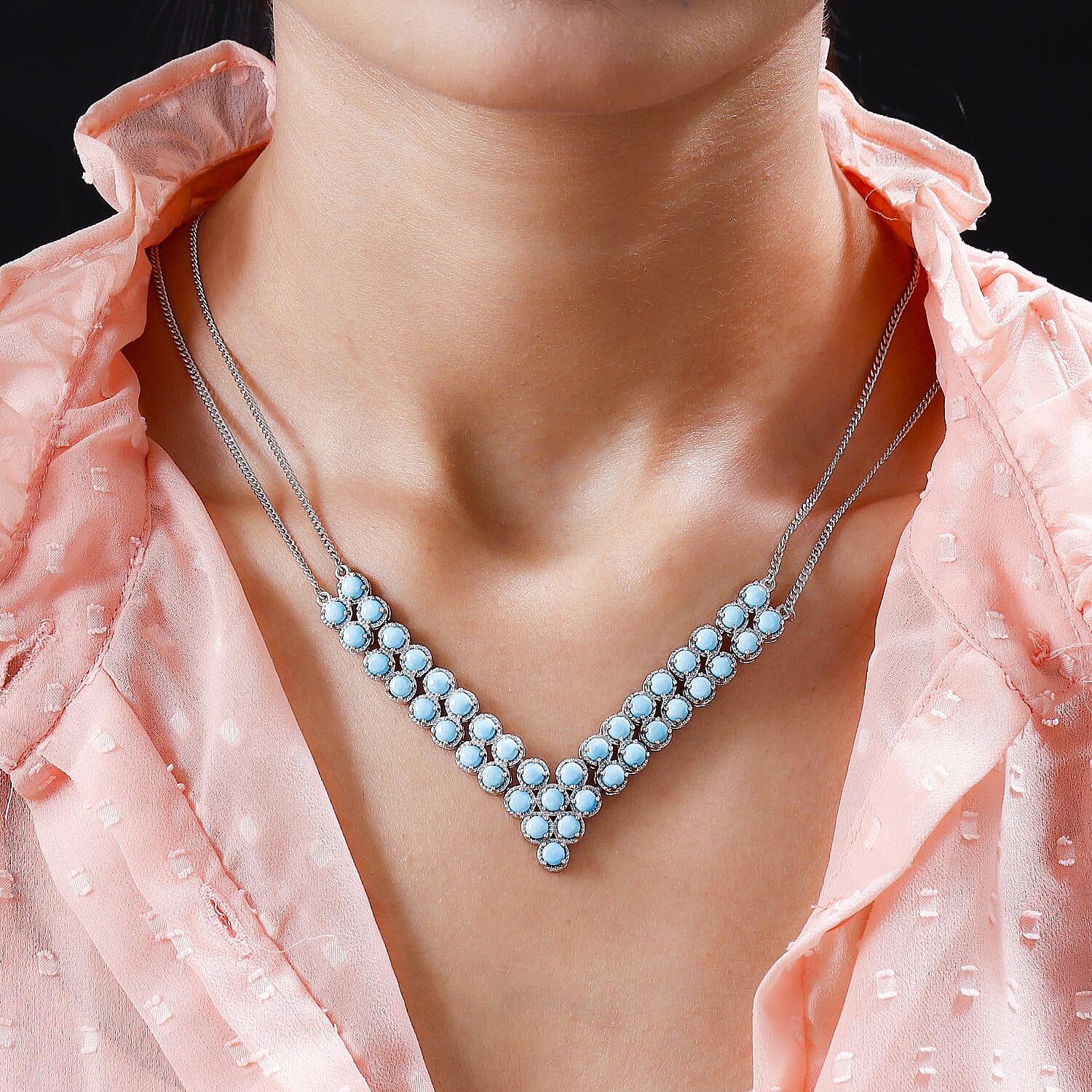 Arizona Sleeping Beauty Turquoise (Rnd) V Necklace (Size 18 with 2 Inch Extender) in Platinum Overlay Sterling Silver 11.00 Ct, Silver wt 22.91 Gms